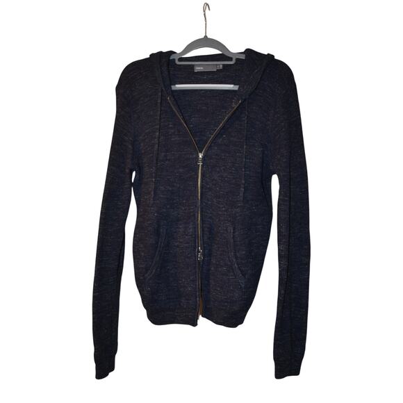 Vince Wool Linen Double Full Zip Up Hoodie elbow patch Navy Blue Size Large